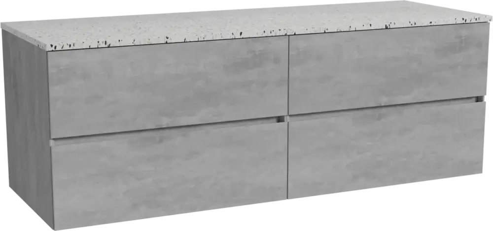 Abverkauf Storke Edge hängendes Möbelstück Set: 150 x 52 cm, Beton dunkelgrau, mit Tavola Einzel- oder Doppel Waschtischplatte, Terrazzo in Weiß/Schwarz matt