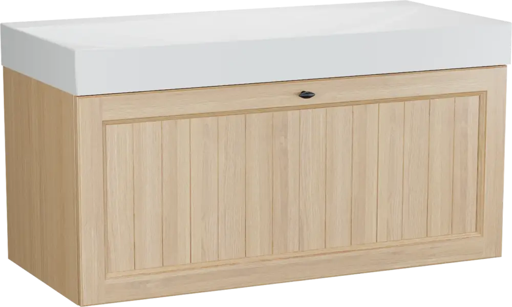 Mega-Angebot Balmani Lemon hängendes Möbelstück Set: 120 x 55 cm, Naturbelassene Eiche Furnier, mit Wave Einzelwaschtisch für 2 Armaturenlöcher, Weiß matt