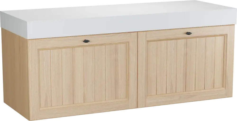 Balmani Lemon hängendes Möbelstück Set: 150 x 55 cm, Naturbelassene Eiche Furnier, mit Dominus Einzel- oder Doppel Waschtischplatte, Weiß matt Angebot
