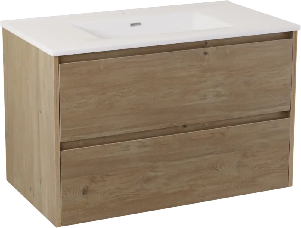 Kracherpreis Storke Seda hängendes Möbelstück Set: 95 x 52 cm, Raue Eiche, mit Kera Doppelwaschtisch, Keramik Weiß glänzend, inklusive Ablaufventil