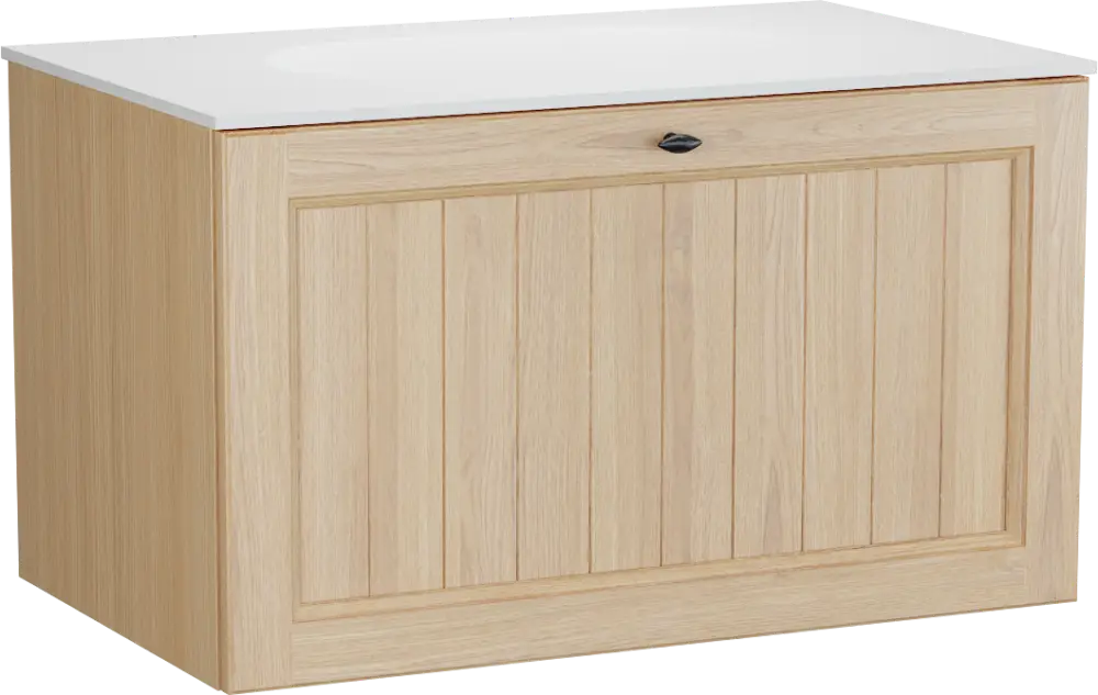 Balmani Lemon hängendes Möbelstück Set: 90 x 55 cm, Naturbelassene Eiche Furnier, mit Tablo Oval Einzelwaschtisch, Weiß matt Echt