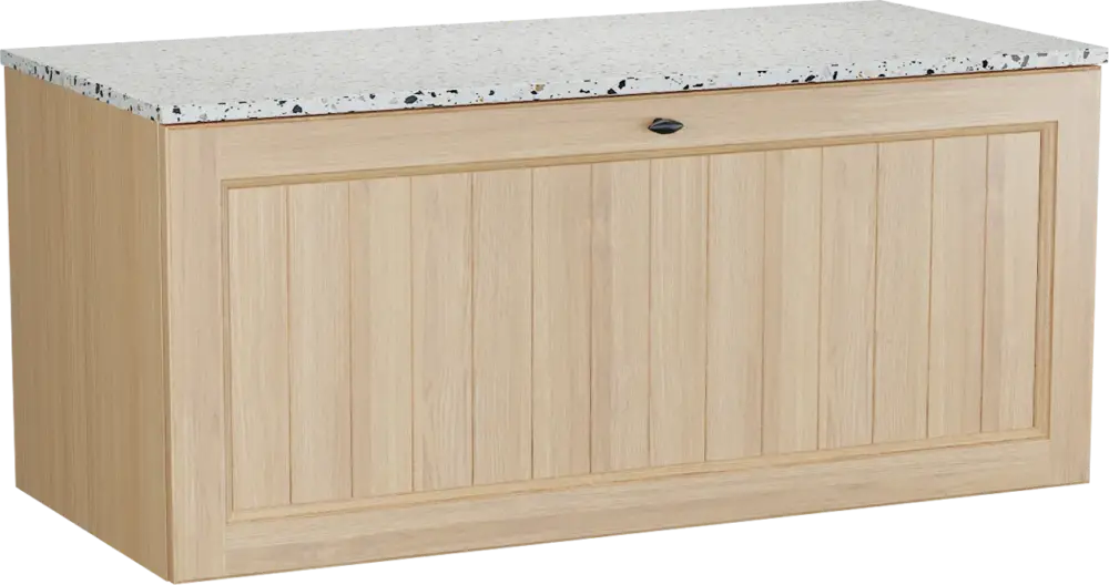Angebot Balmani Lemon hängendes Möbelstück Set: 120 x 55 cm, Naturbelassene Eiche Furnier, mit Stretto Einzel- oder Doppel Waschtischplatte, Terrazzo in Weiß/Schwarz matt