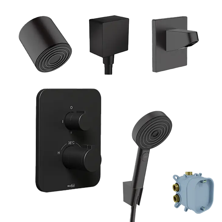 Wochenendangebot Blaufoss Smartbox Softline Duschsystem: Unterputz, inkl. Thermostat-Duscharmatur, inkl. Duschkopf, 10,5 cm, Schwarz Matt