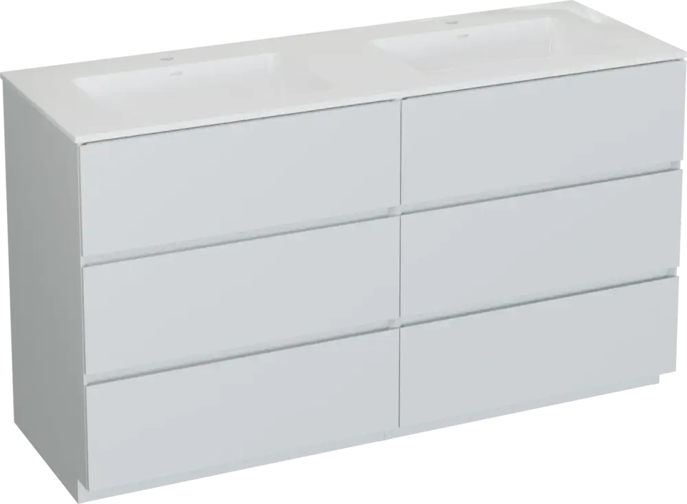 Storke Edge freistehendes Möbelstück Set: 150 x 52 cm, Weiß matt, mit Bilia Doppelwaschtisch, Marmorkomposit Weiß glänzend Neue Kollektion