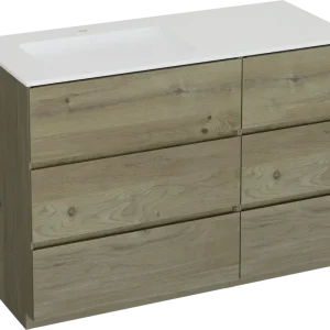 Abverkauf Storke Edge freistehendes Möbelstück Set: 120 x 52 cm, Rohe Eiche, mit Bilia Waschtisch links, Marmorkomposit Weiß glänzend