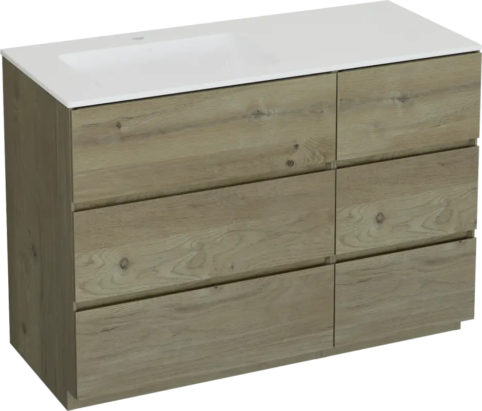 Abverkauf Storke Edge freistehendes Möbelstück Set: 120 x 52 cm, Rohe Eiche, mit Bilia Waschtisch links, Marmorkomposit Weiß glänzend