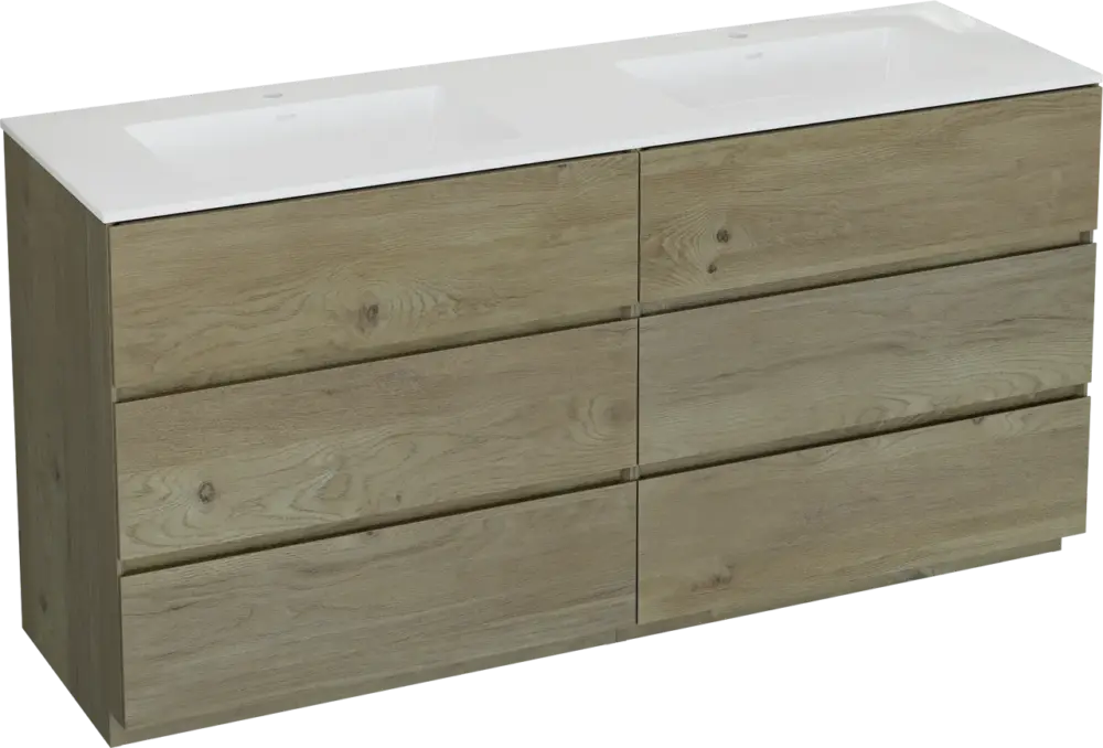 Knallerangebot Storke Edge freistehendes Möbelstück Set: 170 x 52 cm, Rohe Eiche, mit Bilia Doppelwaschtisch, Marmorkomposit Weiß glänzend