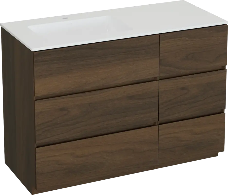 Storke Edge freistehendes Möbelstück Set: 120 x 52 cm, Nussbaum, mit Bilia Waschtisch links, Marmorkomposit Weiß glänzend Abverkauf