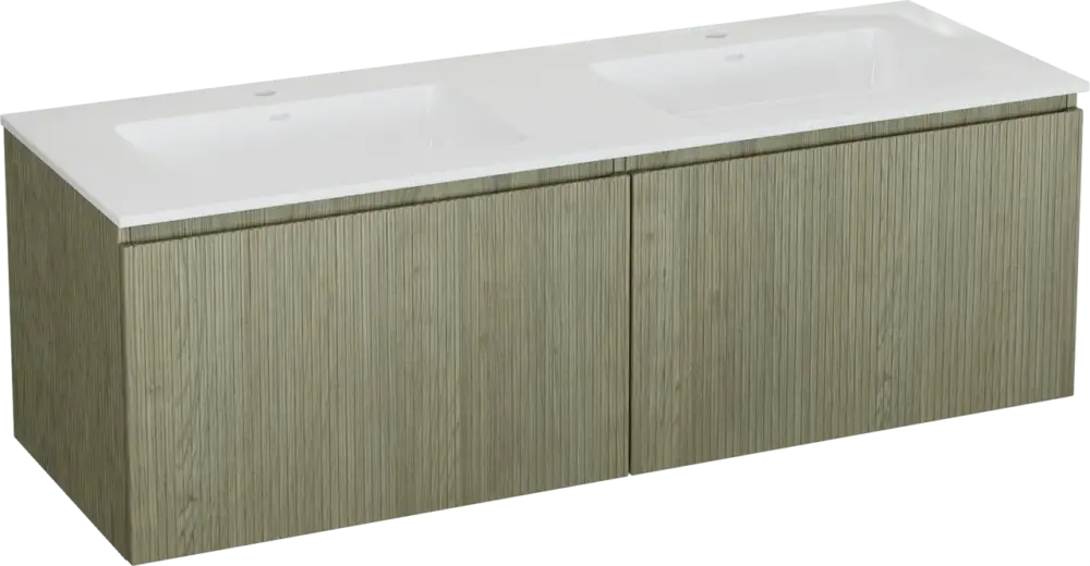 Direkt Vom Hersteller Storke Ribs hängendes Möbelstück Set: 150 x 52 cm, Rohe Eiche, mit Bilia Doppelwaschtisch, Marmorkomposit, Weiß glänzend, Vertikale symmetrische gerade Rippe