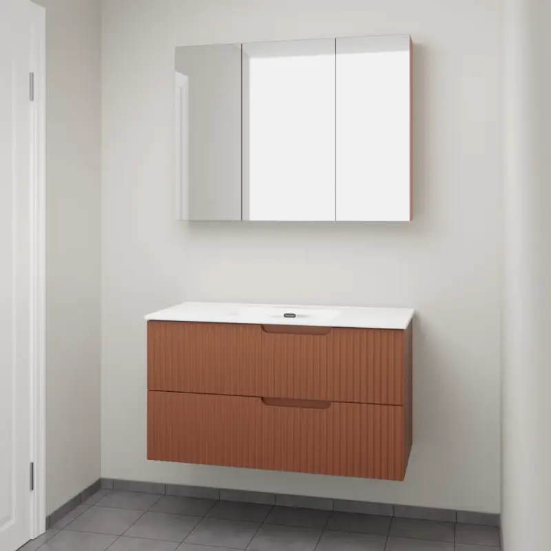 Linie Ribbo hängendes Möbelstück Set: 100 x 46 cm, Cotto, mit Baro Einzelwaschtisch, Porzellan, Weiß glänzend, Vertikale symmetrische runde Rippe und Montro Spiegelschrank Jetzt Bestellen