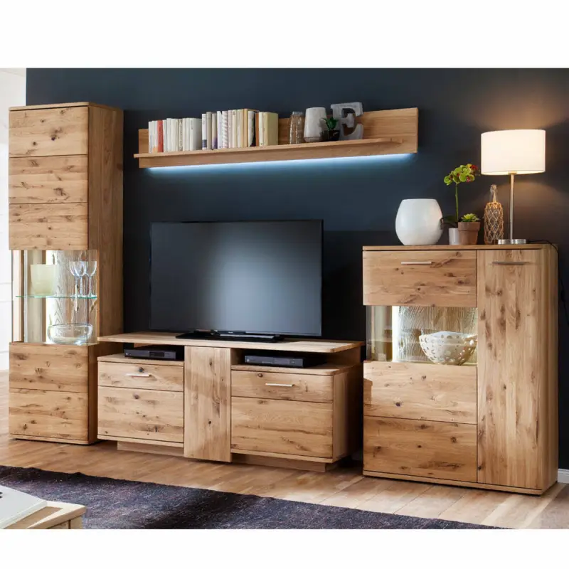 Wohnwand Set mit LED SAMARA-05 Asteiche Bianco massiv geölt - B/H/T: 320/208/45cm Highlight