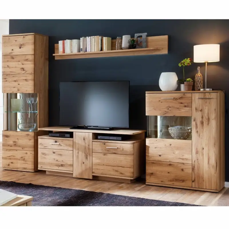 Landhaus Wohnwand Set SAMARA-05 Asteiche Bianco massiv - B/H/T: 320/208/45cm Solange Der Vorrat Reicht