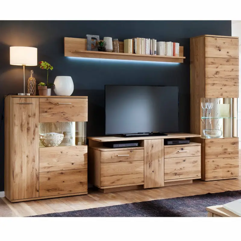 Neue Kollektion Wohnwand TV-Möbel Set in Asteiche Bianco massiv SAMARA-05B/H/T: 320/208/45cm
