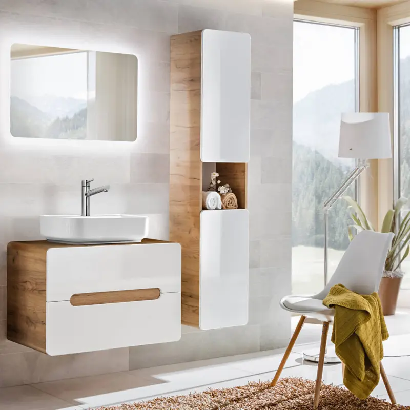 Badmöbel Set in Hochglanz weiß mit Wotan Eiche Nb. LUTON-56 mit Keramik-Aufsatzwaschbecken B/H/T ca. 130/200/46 cm Billig