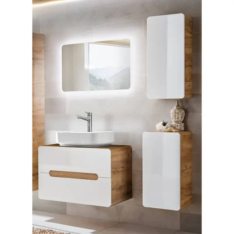 Badezimmer Set Hochglanz weiß mit Wotan Eiche Nb. LUTON-56 mit Keramik-Aufsatzwaschbecken B/H/T ca. 130/200/46 cm Top-Preis