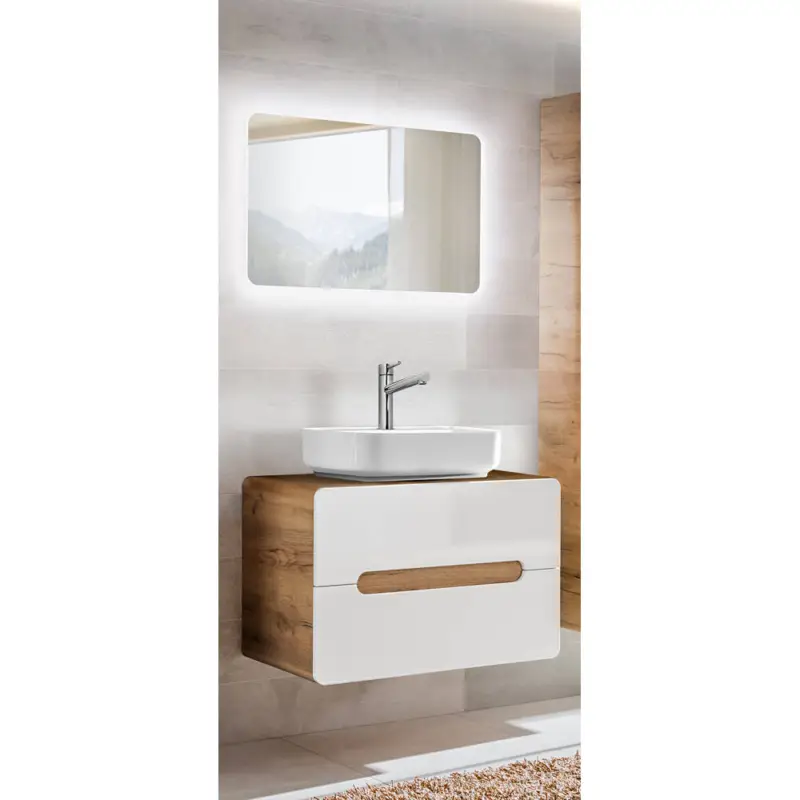 Super-Preis Badezimmer Waschplatz Set mit Keramik-Waschtisch LUTON-56 Hochglanz weiß mit Wotan Eiche Nb. B/H/T ca. 80/200/46 cm
