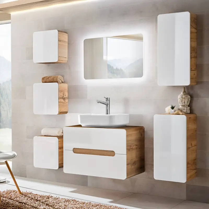 Neu Im Sortiment Badezimmermöbel Set mit Keramik-Waschtisch LUTON-56 Hochglanz weiß, Wotan Eiche Nb. B/H/T ca. 180/200/46 cm
