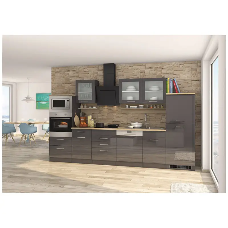 Kracherpreis Küche inklusive E-Geräte, 340 cm grau MARANELLO-03 Anthrazit Hochglanz, Design-Glashaube B x H x T ca. 340 x 200 x 60cm