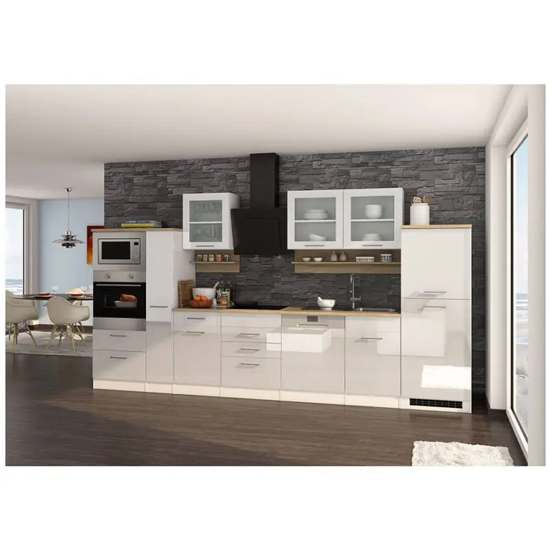 Top-Angebot Küchenzeile komplett 370 cm weiß mit Design-Glashaube MARANELLO-03 inkl. E-Geräte, Weiß Hochglanz B x H x T ca. 370 x 200 x 60cm