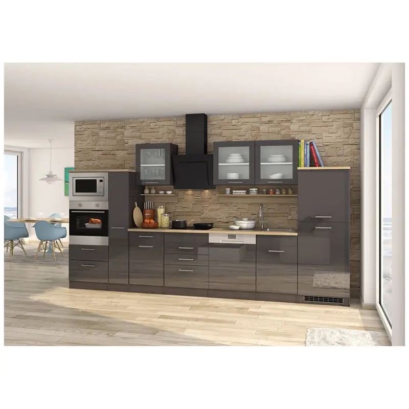 Küchenzeile komplett 370 cm grau mit Design-Glashaube MARANELLO-03 inkl. E-Geräte, Anthrazit Hochglanz B x H x T ca. 370 x 200 x 60cm Rabatt