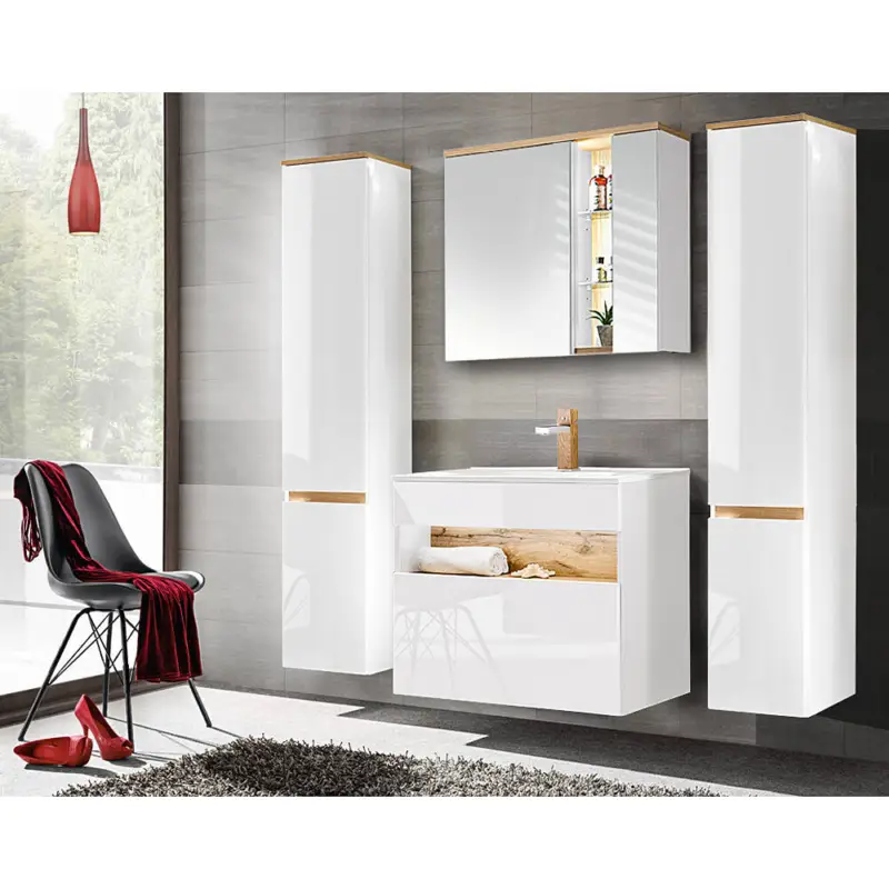 Badmöbel Set mit Keramik-Waschtisch inkl LED BERMUDA-56 in Weiß-Hochglanz mit Wotaneiche B/H/T: 190/200/45cm Markenprodukt