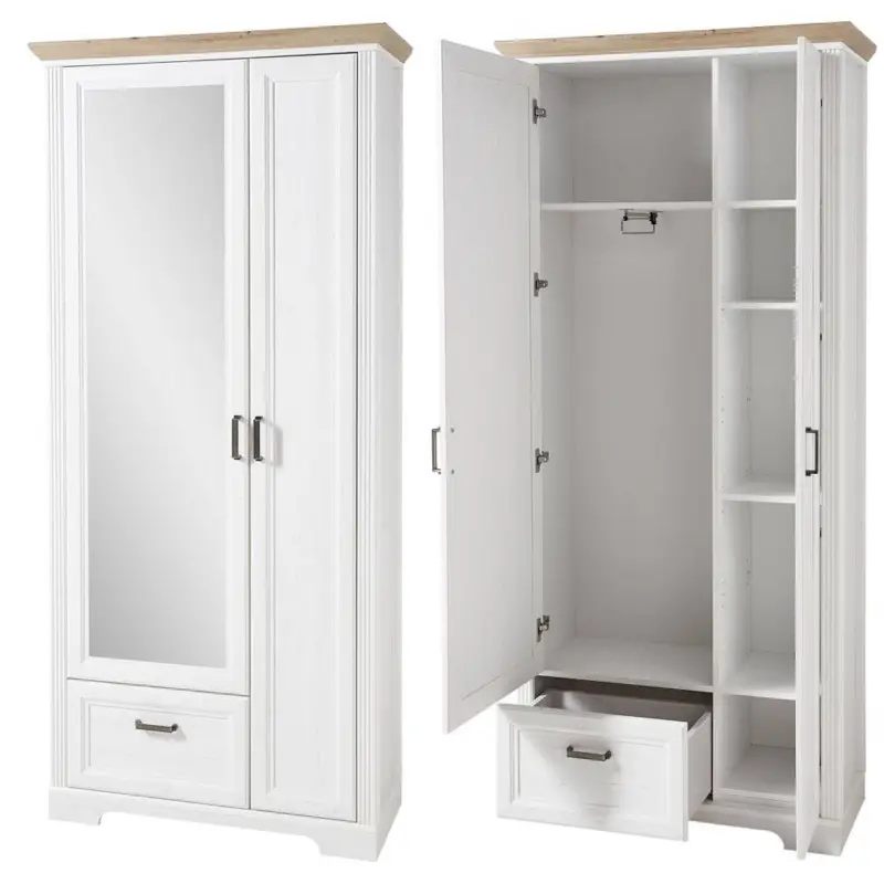 Top-Seller Landhaus Garderobenschrank mit Spiegel JÜLICH-36 in Pinie weiß mit Artisan Eiche, B/H/T: 93/204/41 cm