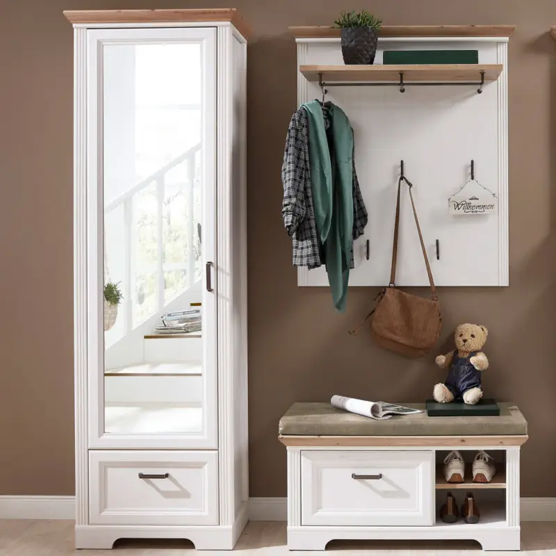 Top-Angebot Landhaus Garderobenset mit Spiegelschrank JÜLICH-36 in Pinie weiß mit Artisan Eiche, B/H/T: ca. 180/204/41 cm