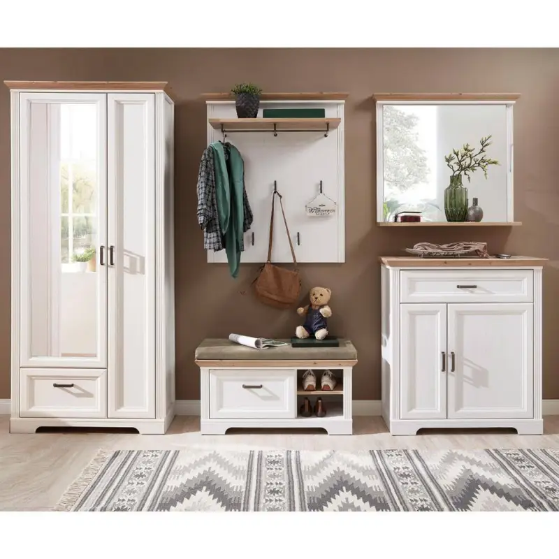 Landhaus Garderoben Set mit Kleiderschrank JÜLICH-36 in Pinie weiß mit Artisan Eiche, B/H/T: ca. 320/204/41 cm Garantierte Lieferung