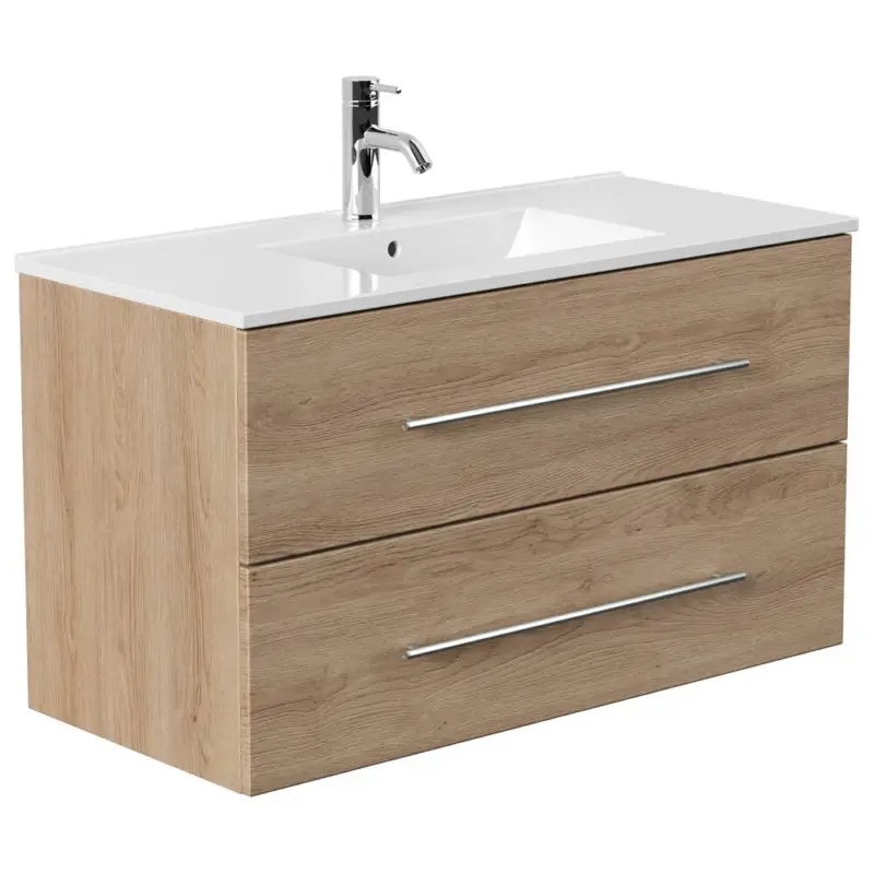 Badezimmer Waschtischunterschrank mit 100cm Mineralgussbecken ABUJA-02 in Eiche hell, B/H/T: 101/54/46cm Neuheit
