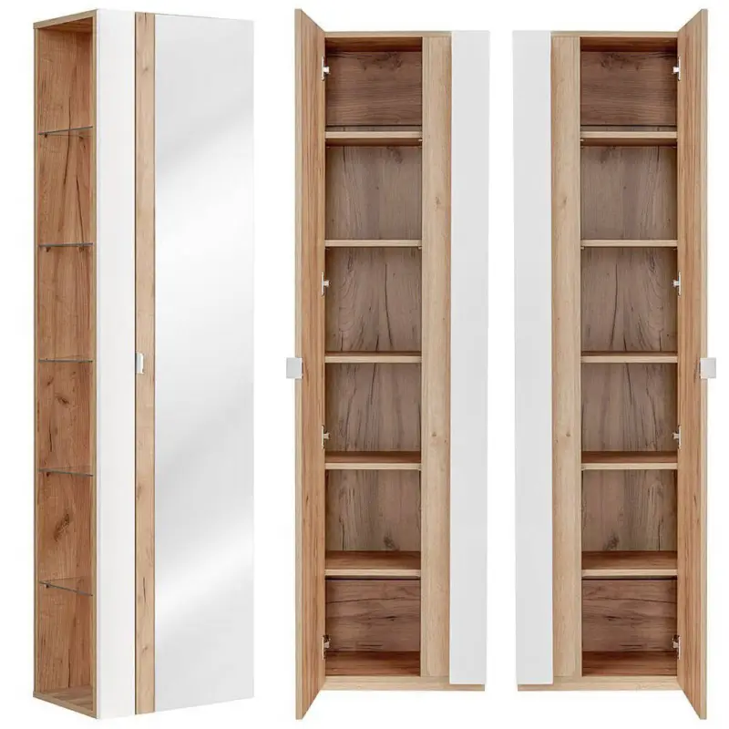 Badezimmer Hochschrank mit Spiegel TOSKANA-56 in Weiß-Hochglanz B/H/T ca. 45/170/33cm Markenprodukt
