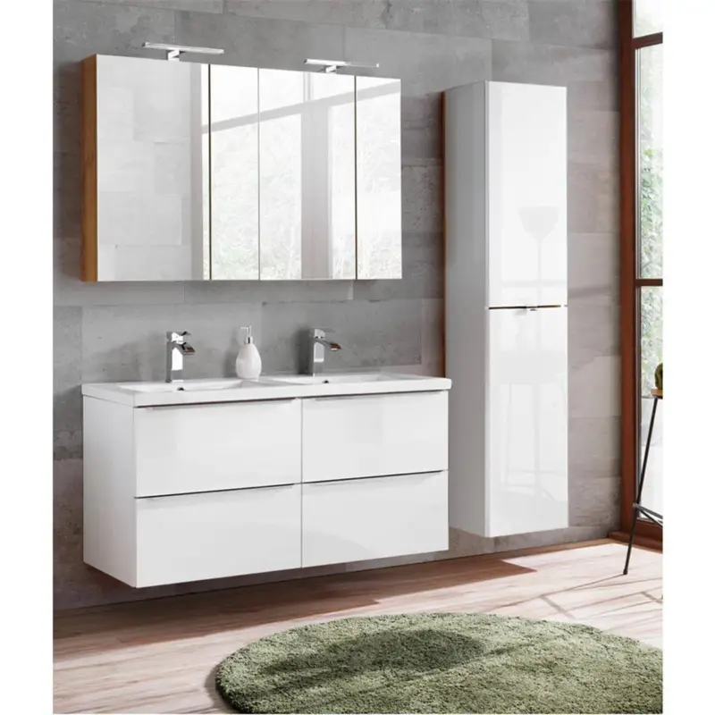 Badmöbel Set mit Doppel-Keramik-Waschtisch und 2 Spiegelschränke TOSKANA-56 Hochglanz weiß BxHxT ca. 175/190/46cm Direktkauf