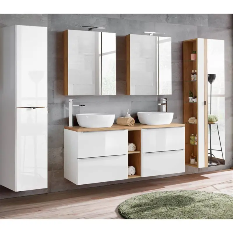 Badmöbel Set mit Doppel-Waschtisch inkl. 2 Keramik Aufsatzbecken TOSKANA-56 Hochglanz weiß, Wotaneiche BxHxT ca. 260/190/46cm Echt