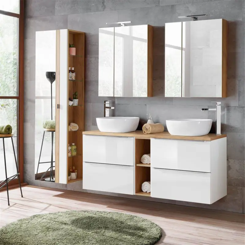 Bestseller Badmöbel Set mit Doppel-Waschtisch mit 2 Aufsatzbecken und 2 Spiegelschränken TOSKANA-56 Hochglanz weiß/Wotaneiche BxHxT ca. 205/190/46cm
