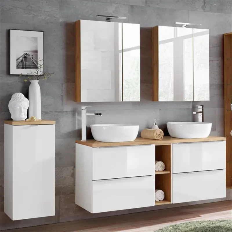 Jetzt Bestellen Badmöbel Set mit Doppel-Waschtisch inkl. 2 Keramik-Aufsatzbecken TOSKANA-56 Hochglanz weiß/Wotaneiche BxHxT ca. 195/190/46cm