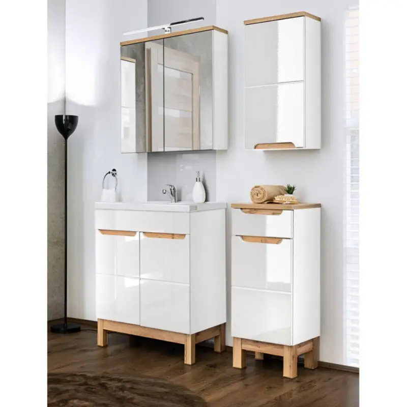 Zertifiziert Badmöbel Set mit waschtisch 60cm Keramik-Becken SOLNA-56 in Hochglanz weiß, B/H/T ca.: 110/200/46 cm