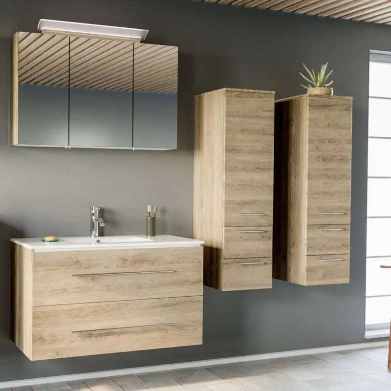 Badezimmer Set mit 100cm Mineralguss-Waschtisch & LED-Spiegelschrank ABUJA-02 Eiche hell , B/H/T: 201/200/46cm Sonderangebot