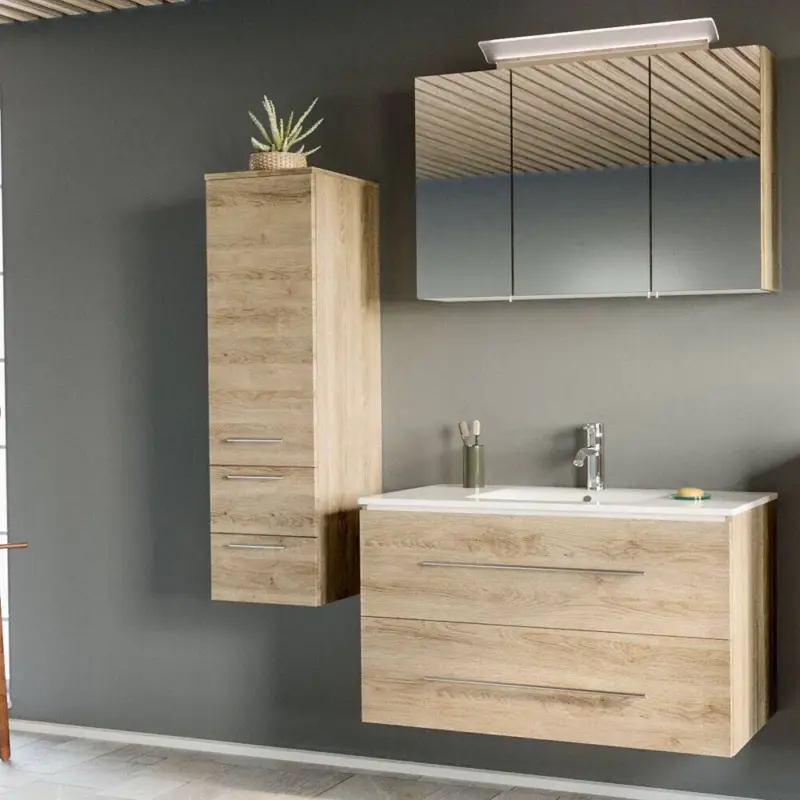 Badmöbel Waschplatz Set 3-tlg ABUJA-02 100cm Mineralguss-Waschtisch und LED-Spiegelschrank, Eiche hell, B/H/T ca. 151/200/46cm Sonderangebot