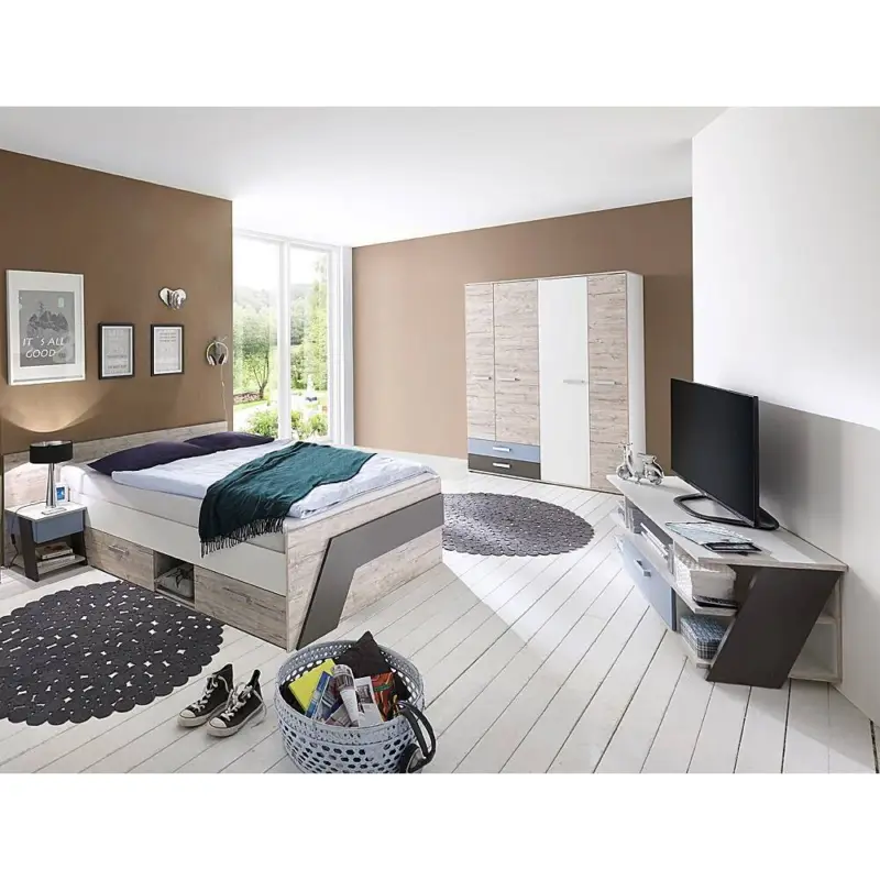 Mega-Angebot Jugendzimmer Set mit Bett 140x200 cm 4-teilig LEEDS-10 in Sandeiche Nb. mit weiß, Lava und Denim Blau mit Lowboard