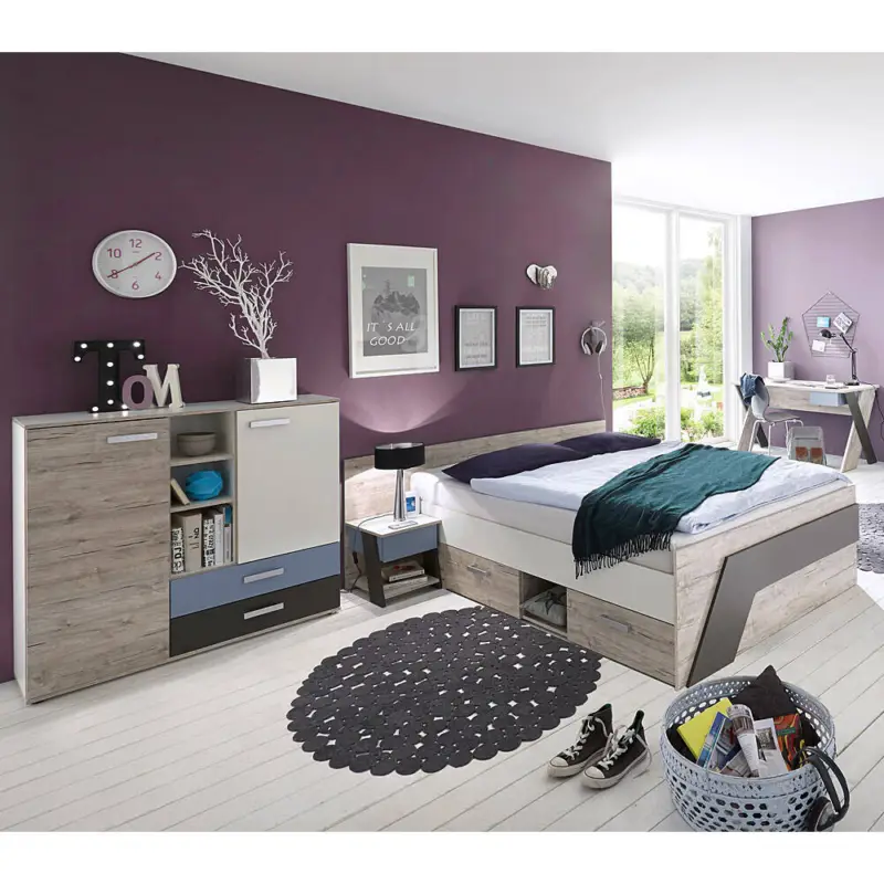 Jugendzimmer mit Bett 140x200 cm und Schreibtisch 4-teilig LEEDS-10 in Sandeiche Nb. mit weiß, Lava und Denim Blau Bestpreis