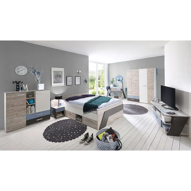 Sichere Zahlung Jugendzimmer Set mit Bett 140x200 cm 6-teilig LEEDS-10 in Sandeiche Nachbildung mit weiß, Lava und Denim Blau