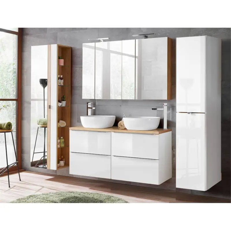 Bestseller Badmöbel Komplettset mit Waschtischinkl. 2 Aufsatz Keramikwaschbecken TOSKANA-56 Hochglanz weiß & Wotaneiche, B/H/T ca.: 230/200/46cm