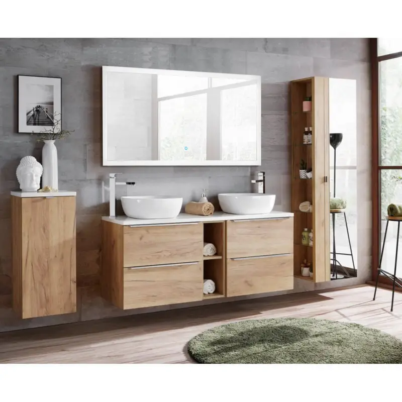Badmöbel Set mit Doppel-Keramik-Waschtisch mit LED-Touch-Spiegel TOSKANA-56 Wotaneiche, BxHxT ca. 260/190/46cm Nur Heute