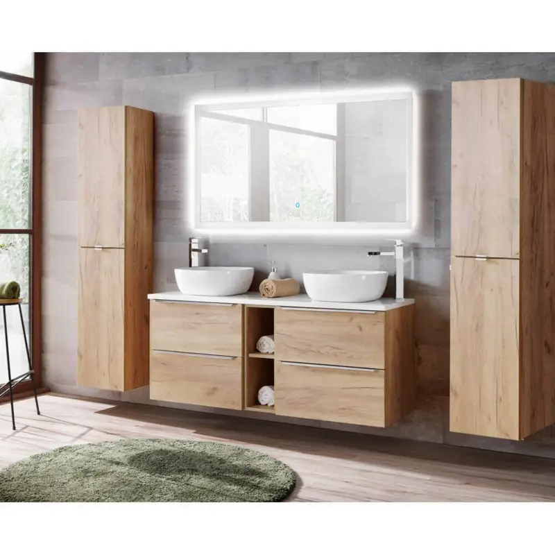 Saisonangebot Badmöbelset mit Doppel-Waschtisch inkl. 2 Keramik-Aufsatzbecken TOSKANA-56 Wotaneiche Nachbildung inkl. LED-Touch-Spiegel, BxHxT ca. 250/190/46cm