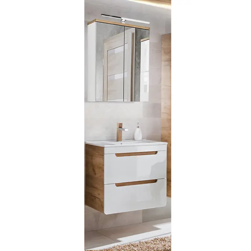 Neuheit Badezimmer Waschplatz mit 61 cm Keramikwaschtisch LUTON-56 Hochglanz weiß mit Wotan Eiche Nb., B/H/T ca. 60/200/46 cm
