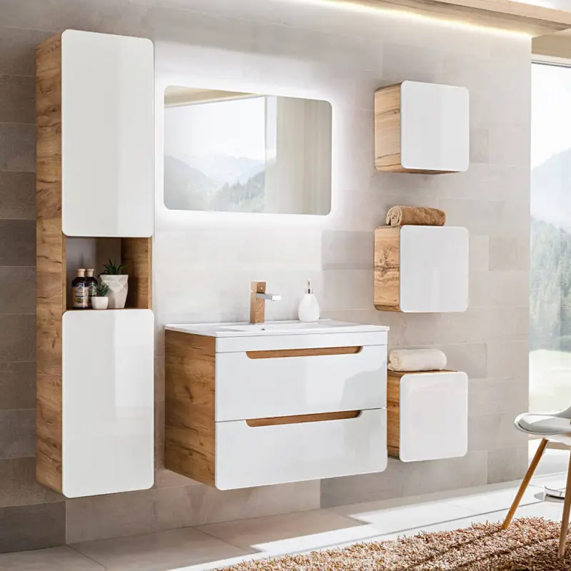 Badmöbel Komplett-Set mit 81 cm Keramik-Waschtisch & LED-Spiegel LUTON-56 Hochglanz weiß mit Wotan Eiche Nb., B/H/T ca. 180/200/46 cm Preis Gesenkt
