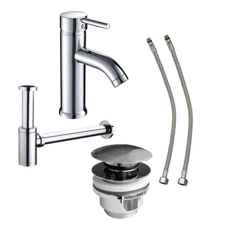 Zertifiziert Waschtisch-Anschluss Spar-Set mit Armatur, Siphon, Pop-Up Ventil und 2 Flexschläuchen