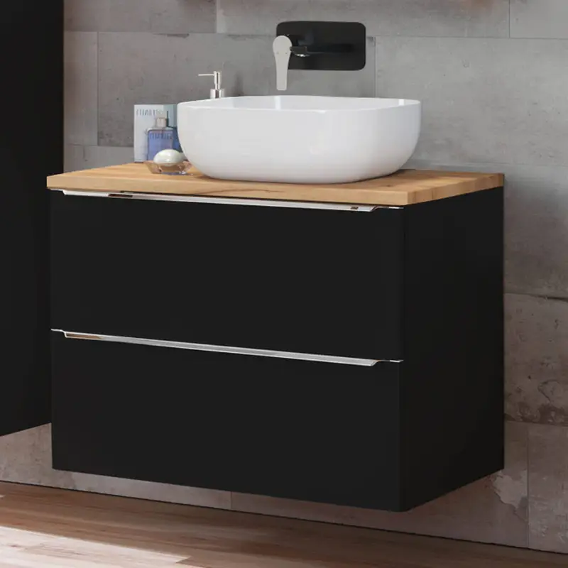 Top-Seller Badezimmer Waschtisch Set mit Keramik-Aufsatzwaschbecken TOSKANA-BLACK-56seidenmatt anthrazit & Wotaneiche BxHxT ca. 81/74,5/46cm
