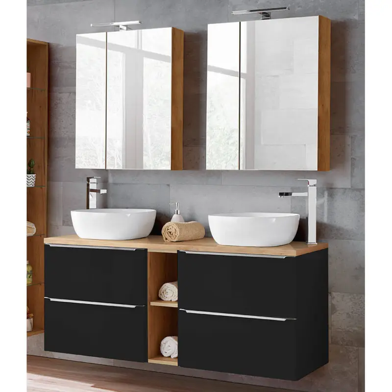Badezimmer Set mit 2 Keramik-Aufsatzwaschbecken und 2 Spiegelschränken TOSKANA-BLACK-56seidenmatt anthrazit & Wotaneiche BxHxT ca. 140/190/46cm Neu Im Sortiment