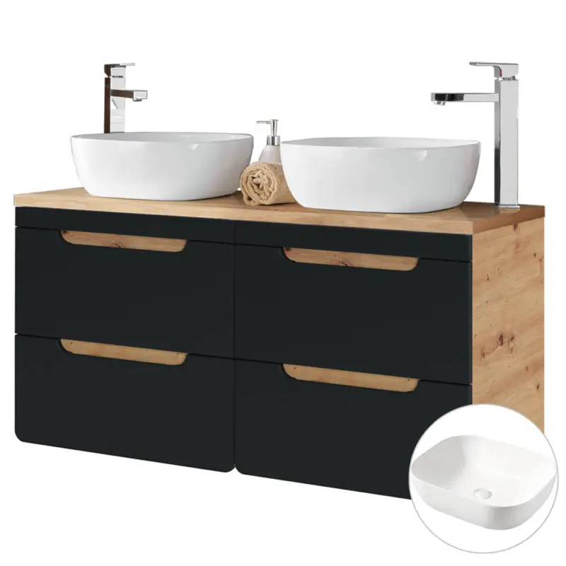 Doppel-Waschtischunterschrank 120 cm mit Keramik-Aufsatzbecken NEW-LUTON seidenmatt anthrazit mit Wotan Eiche Nb. B/H/T ca. 121/76,5/46 cm Garantierte Lieferung