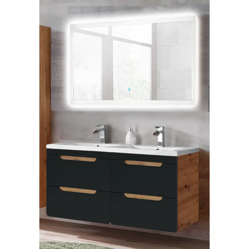 Badezimmermöbel Set mit 120 cm Waschtisch & LED-Spiegel NEW-LUTON seidenmatt anthrazit mit Wotan Eiche Nb. B/H/T ca. 120/200/46 cm Preis Gesenkt